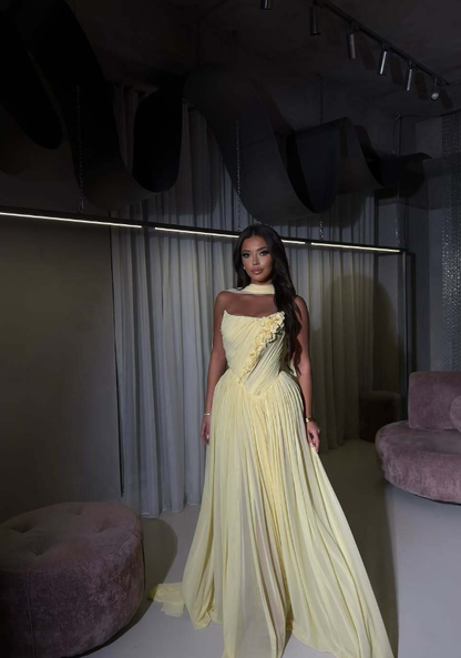 Yellow A Line Strapless Pleated Chiffon Long Prom Dress Wedding Guest Dress DP4323