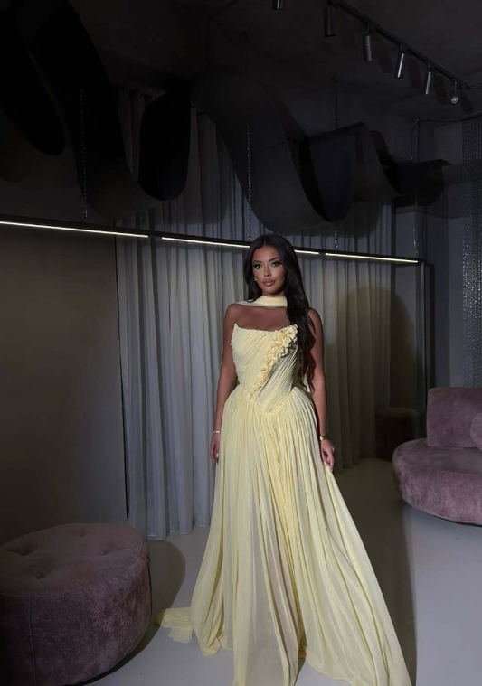 Yellow A Line Strapless Pleated Chiffon Long Prom Dress Wedding Guest Dress DP4323