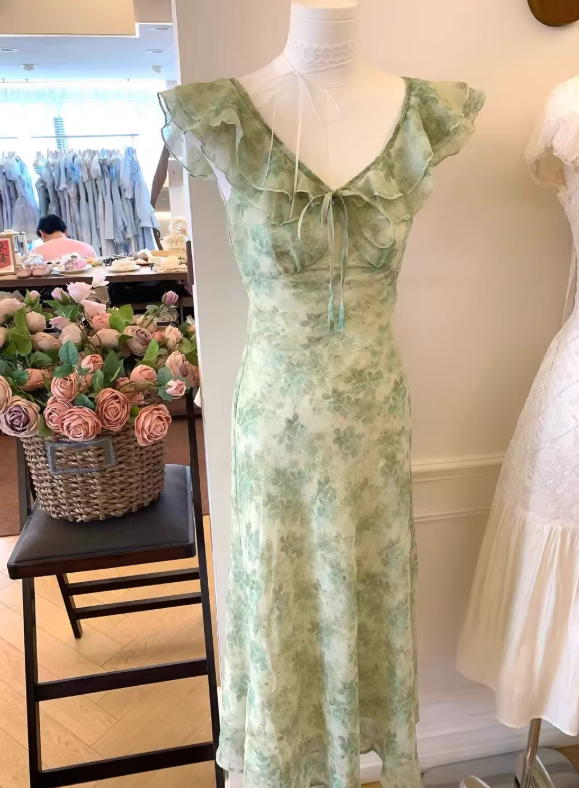 Cute A Line V Neck Print Floral Light Green Chiffon Prom Dress Outfits DP4712