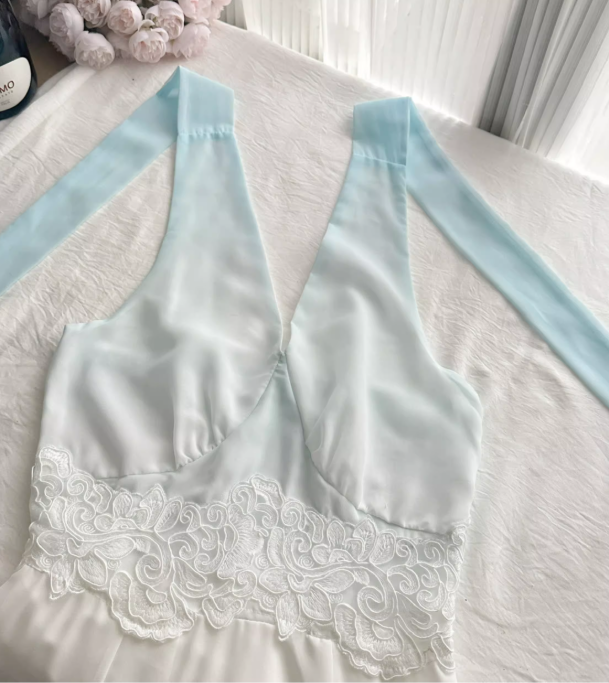 Blue Ombre A Line Halter Appliques Chiffon Vacation Dress Prom Dress Outfits DP3552