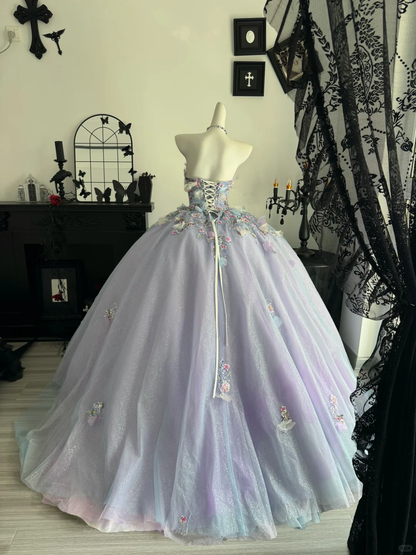 Lilac Ball Gown Sweetheart Neck Floral Tulle Prom Dress Quinceanera Dress DP6967