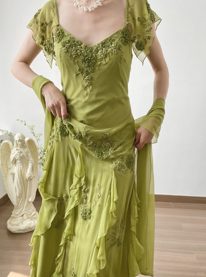 Green Mermaid Strap Retro Appliques Ruffle Chiffon Prom Dress Evening Dress DP3321