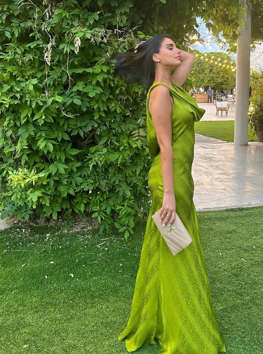 Green A Line Straps Satin Open Back Long Prom Dress Evening Dress DP1625