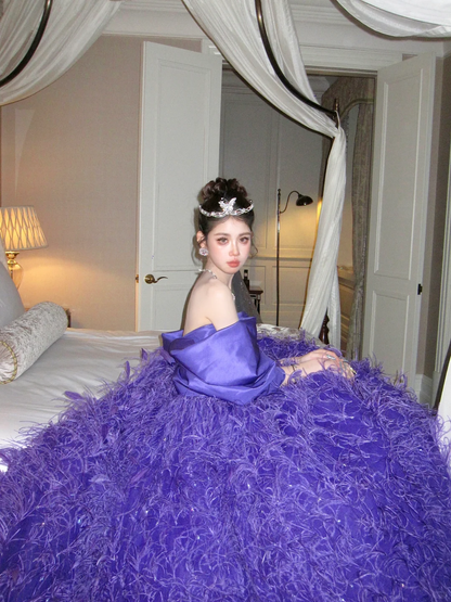 Charming A Line Sweetheart Neck Grape Purple Feather Satin Ball Gown Prom Dress DP2521