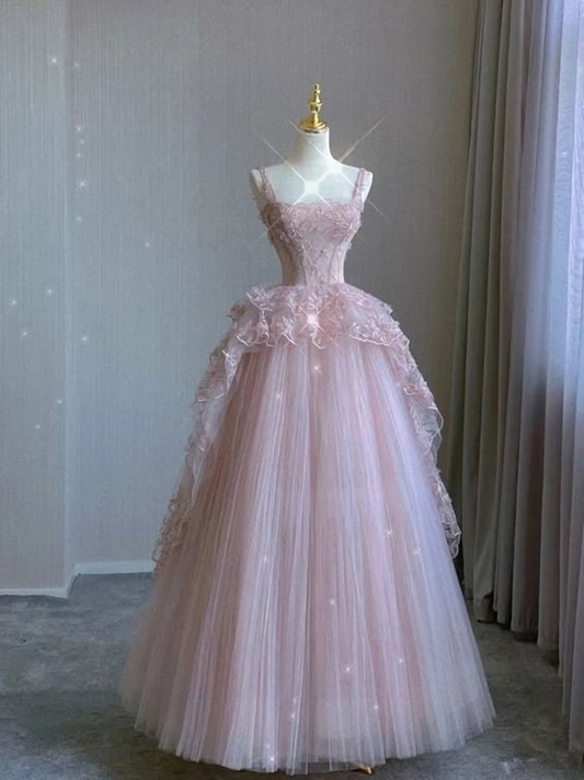 Pink Tulle Lace A Line Evening Dress Long Prom Dress DP672