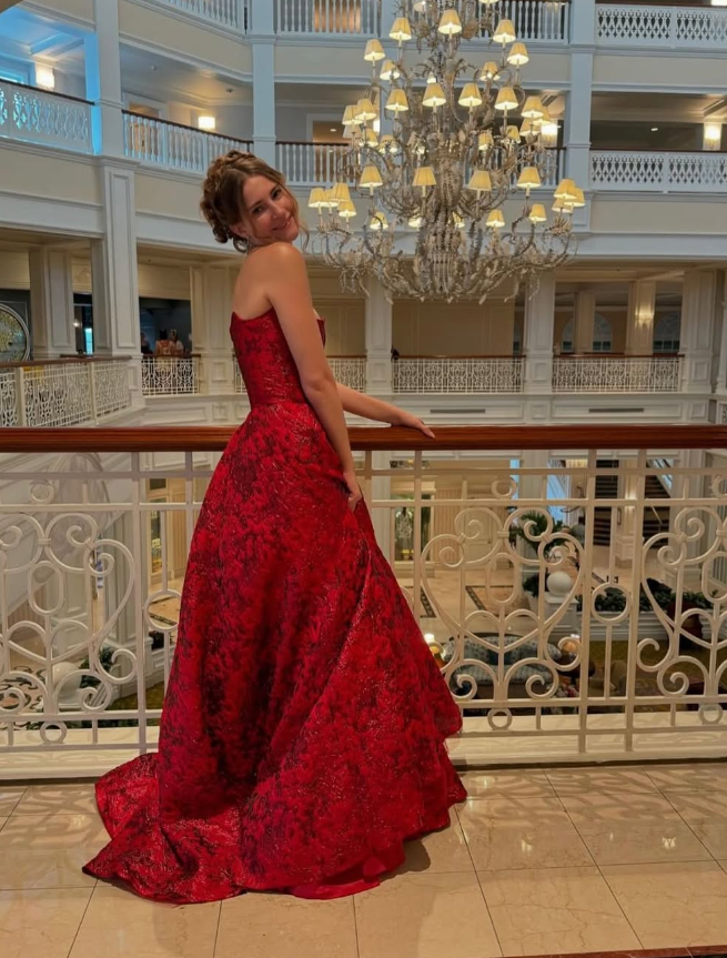 Elegant A Line Strapless Print Floral Burgundy Satin Prom Dress Evening Dress DP1584