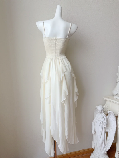 Gentle A Line Spaghetti Strap White Ruffle Chiffon Long Prom Dresses DP4191