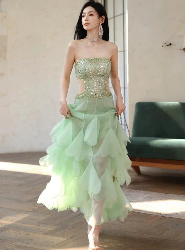 Summer Green Sequin Layered Chiffon Prom Dress Evening Dress DP5428