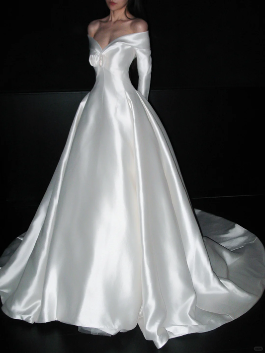 Elegant Ball Gown Long Sleeve Rose White Satin Long Train Wedding Dress DP6371