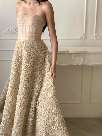 Pretty Apricot Ball Gown 3D Floral Tulle Prom Dress Evening Dress DP6133
