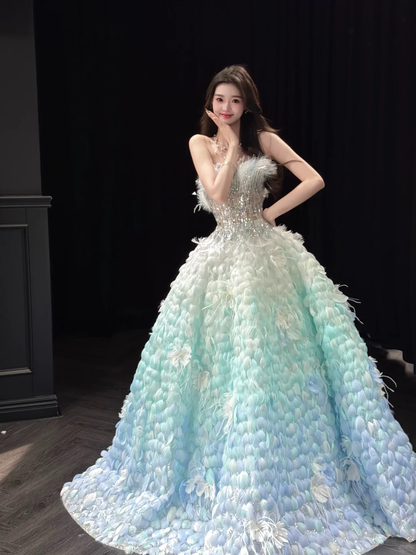 Stunning Ball Gown Strapless Blue Green Ombre Feather Tulle Prom Dress 16th Birthday Dress DP4241