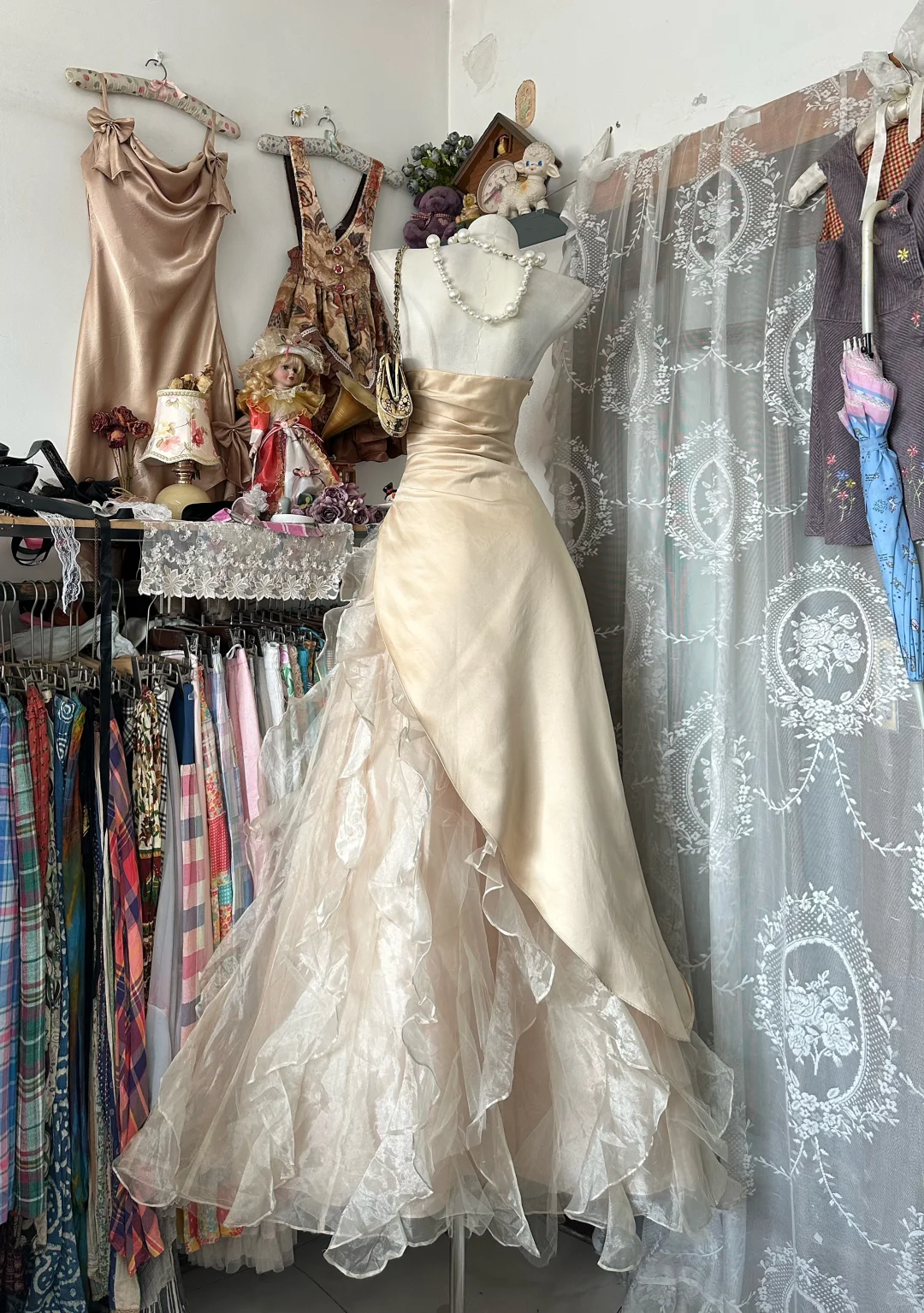 Apricot A Line Strapless Beaded Ruffle Organza Satin Prom Dress Evening Dress DP5622