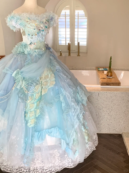 Dreamy Blue Ball Gown Off the Shoulder Exquisite Beaded Lace Tulle Prom Dress 18th Birthday Dress DP4462