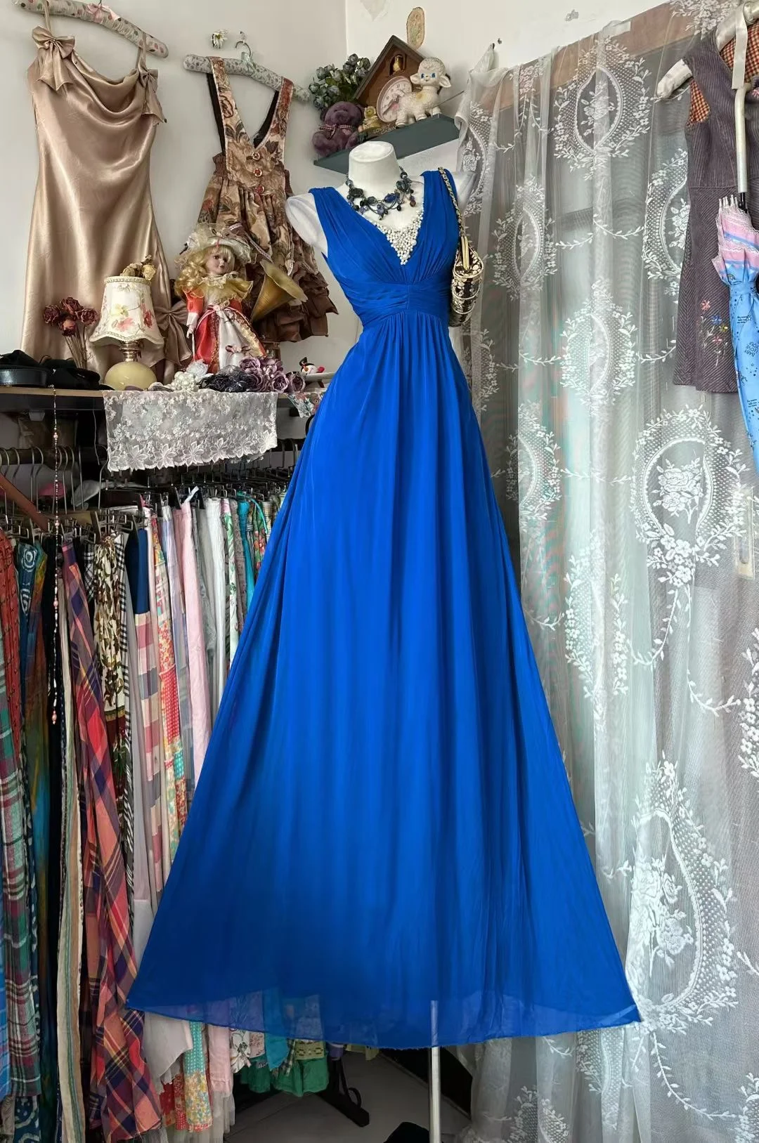 Vintage Blue A Line V Neck Beaded Chiffon Prom Dress Evening Party Dress DP5630