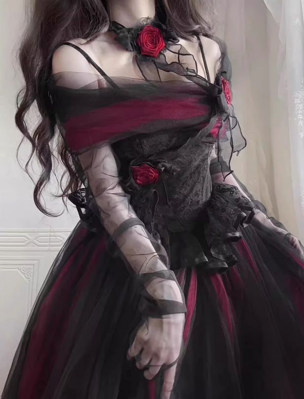 Burgundy Black Roses A Line Lace Tulle Lolita Goth Boning Dress Prom Dress DP4503