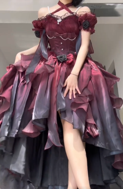 Stunning Black Red Ombre A Line Off the Shoulder Satin Prom Dress Graduation Ball Gown DP4565