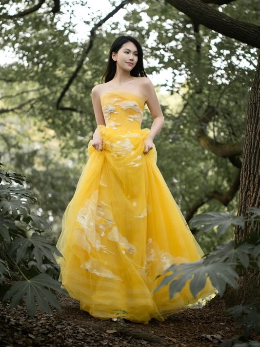 Yellow A Line Strapless White Appliques Tulle Long Prom Dress Party Dress DP4304