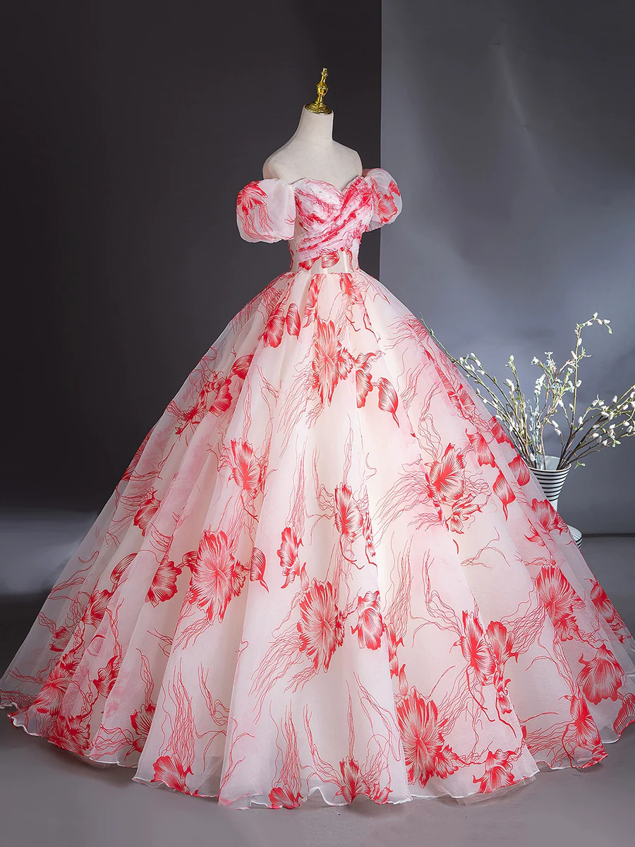 Beautiful Printing Chiffon Prom Dress Off the Shoulder Ball Gown Party Dress DP311