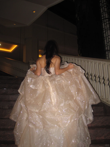 Shiny Champagne Gold A Line Sweetheart Neck Layered Sequin Prom Dress Evening Dress DP5393