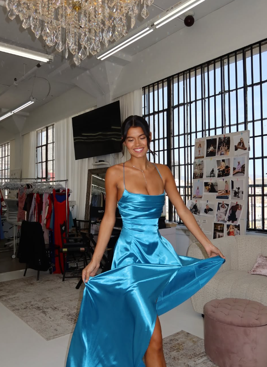 Blue A Line Spaghetti Strap Satin Prom Dress Evening Dress Party Dress with Slit DP3586