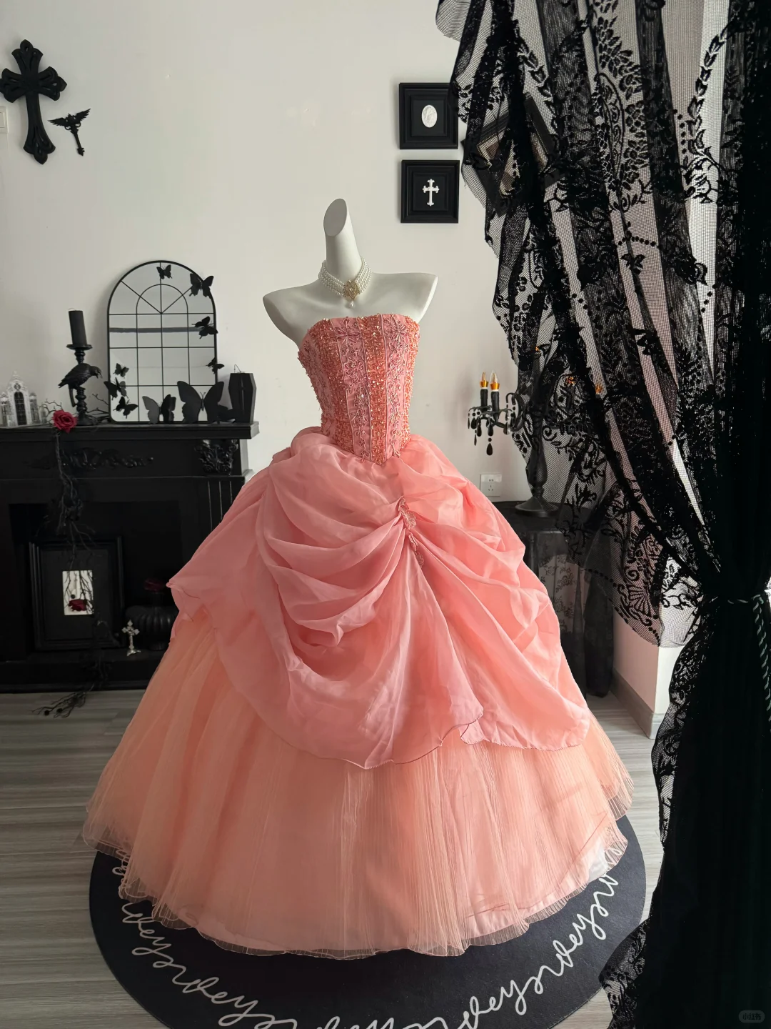 Peach Pink Ball Gown Strapless Beaded Tulle Prom Dress Quinceanera Dress DP6964