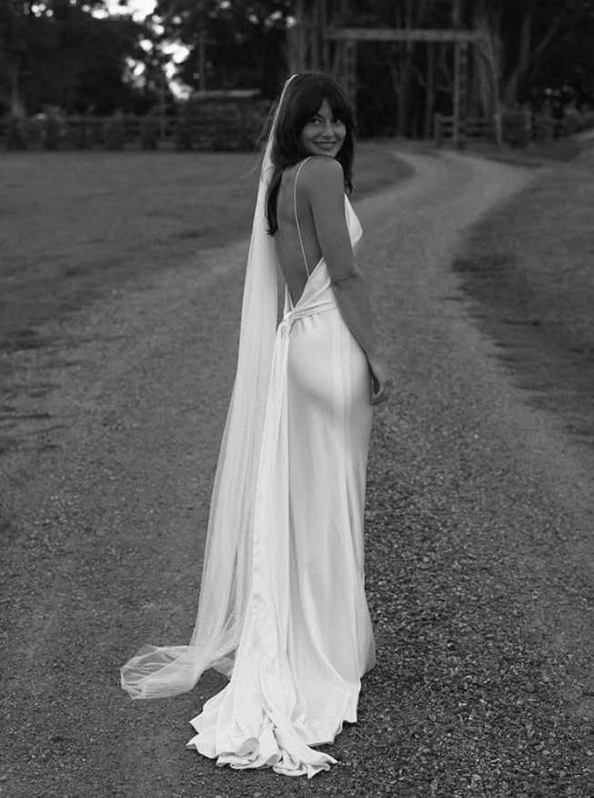 Simple White A Line Straps Satin Backless Slit Wedding Dress DP5223