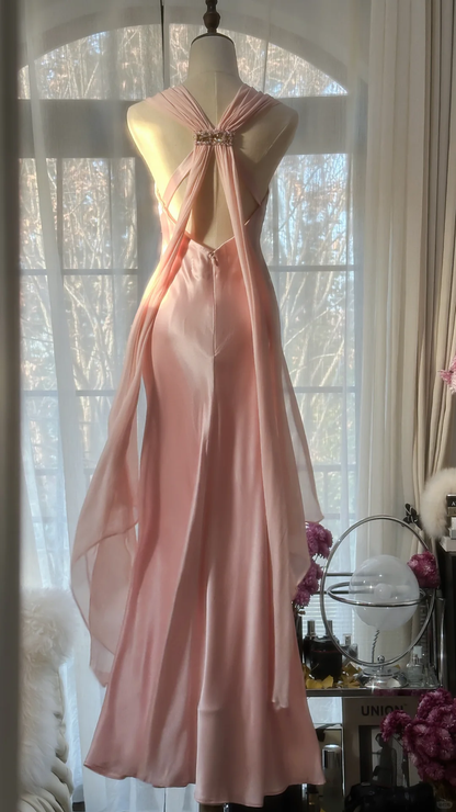 Classy A Line V Neck Beaded Pink Chiffon Satin Long Party Dress Evening Dress DP2471