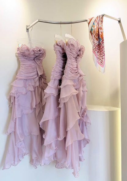Stunning A Line Strapless Ruffle Pink Chiffon Prom Dress Evening Dress with Slit DP5916