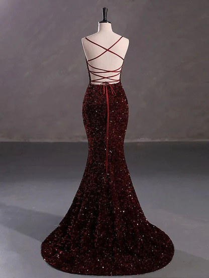 Sexy Burgundy Sequin Backless Long Slit Prom Dress Mermaid Evening Dress DP010