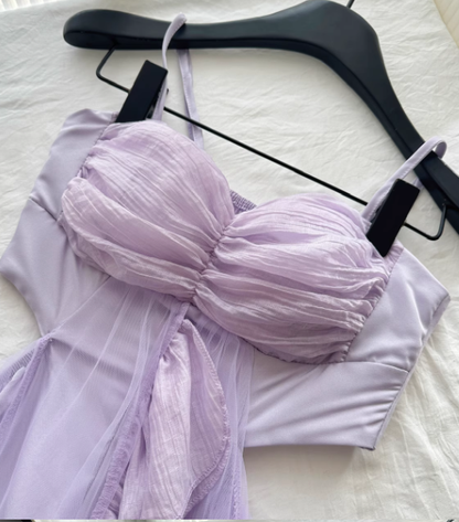 Purple A Line Halter Ruffle Tulle Vacation Dress Homecoming Dress Outfits DP3548