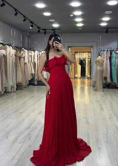 Charming Red A Line Strapless Chiffon Long Prom Dress Wedding Guest Dress DP4322