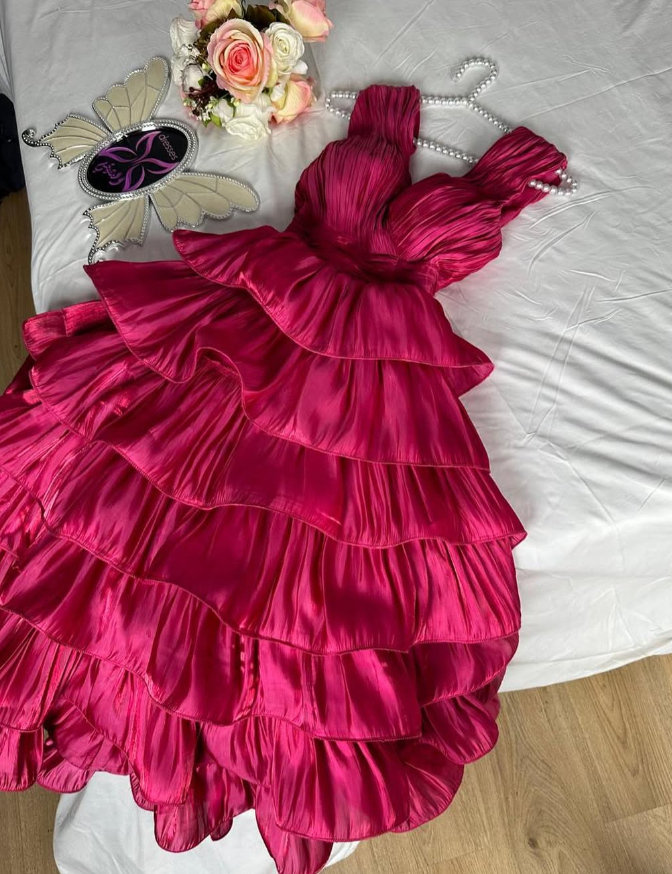 Hot Pink A Line Straps Layered Ruffles Satin Knee Length Homecoming Dress DP1448