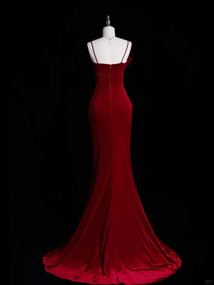 Sexy Mermaid Spaghetti Strap Burgundy Velvet Long Sweep Prom Dress Graduation Prom Dress DP2209