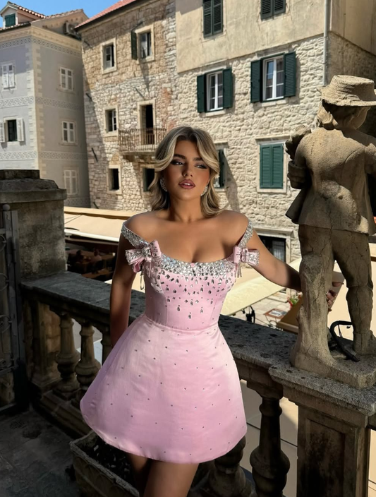 Pink A Line Spaghetti Strap Shiny Rhinestone Satin Short Prom Dress Homecoming Dress DP5693