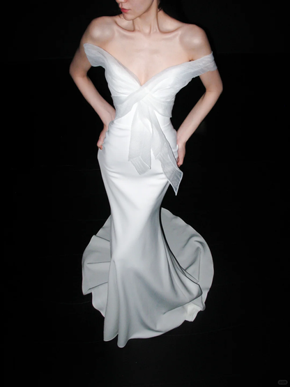 Elegant Stunning Sheath One Shoulder Flowy Tulle Satin Long Wedding Dress DP6381