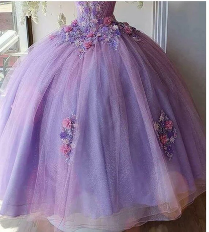 Lavender Princess Tulle Long Prom Dress Flower Ball Gown Quinceanera Dress DP692