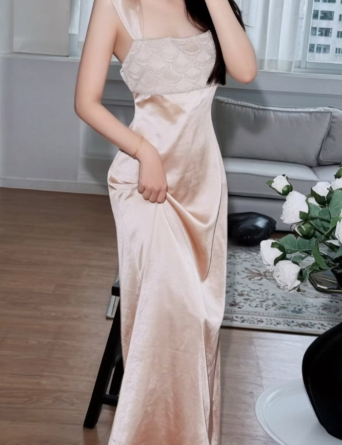 Light Pink A Line Strap Exquisite Beaded Satin Prom Dress Evening Dress DP7918