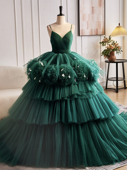 Green VNeck Layered Pleated Tulle Long Prom Dress Formal Ball Gown DP395