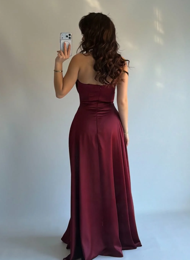 Simple Burgundy A Line Strapless Satin Long Prom Dress Evening Dress DP6934