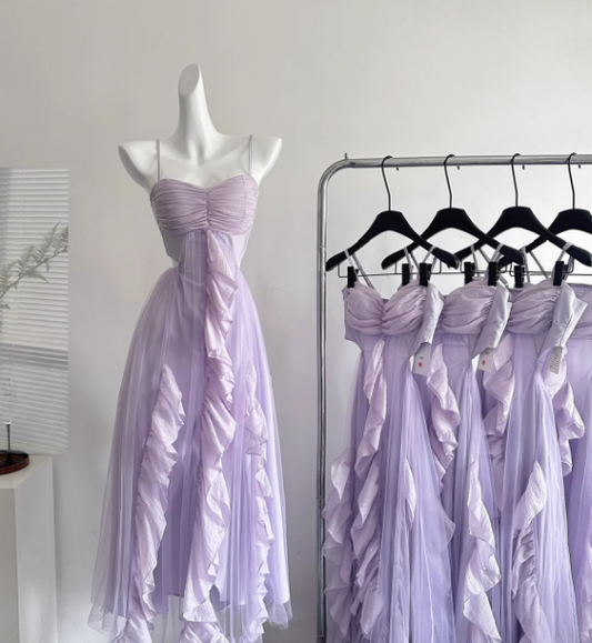 Purple A Line Halter Ruffle Tulle Vacation Dress Homecoming Dress Outfits DP3548