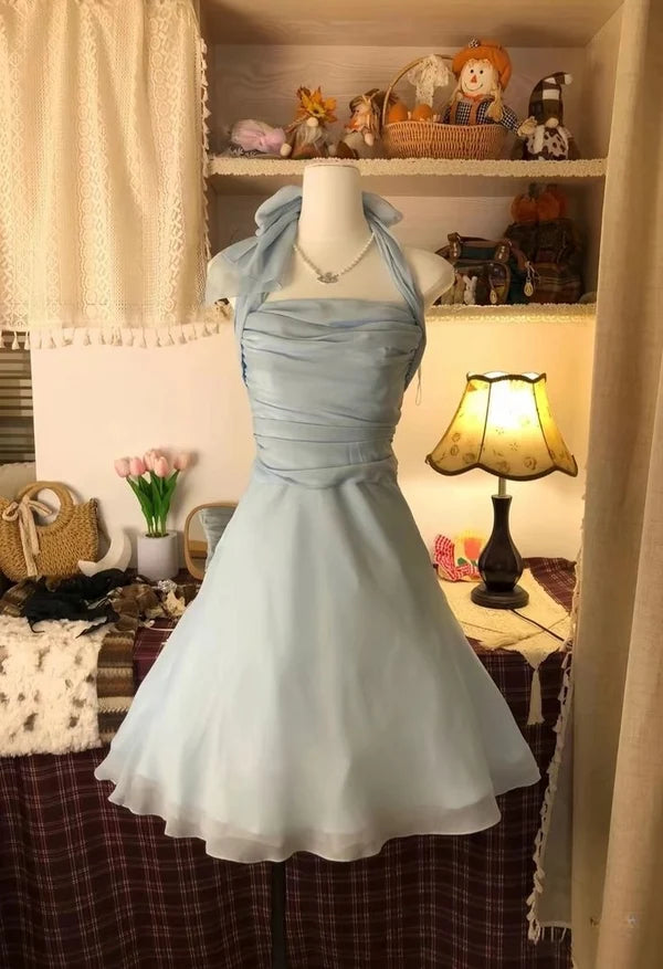 Light Blue Halter A-Line Chiffon Short Party Dresses Homecoming Dresses DP7568