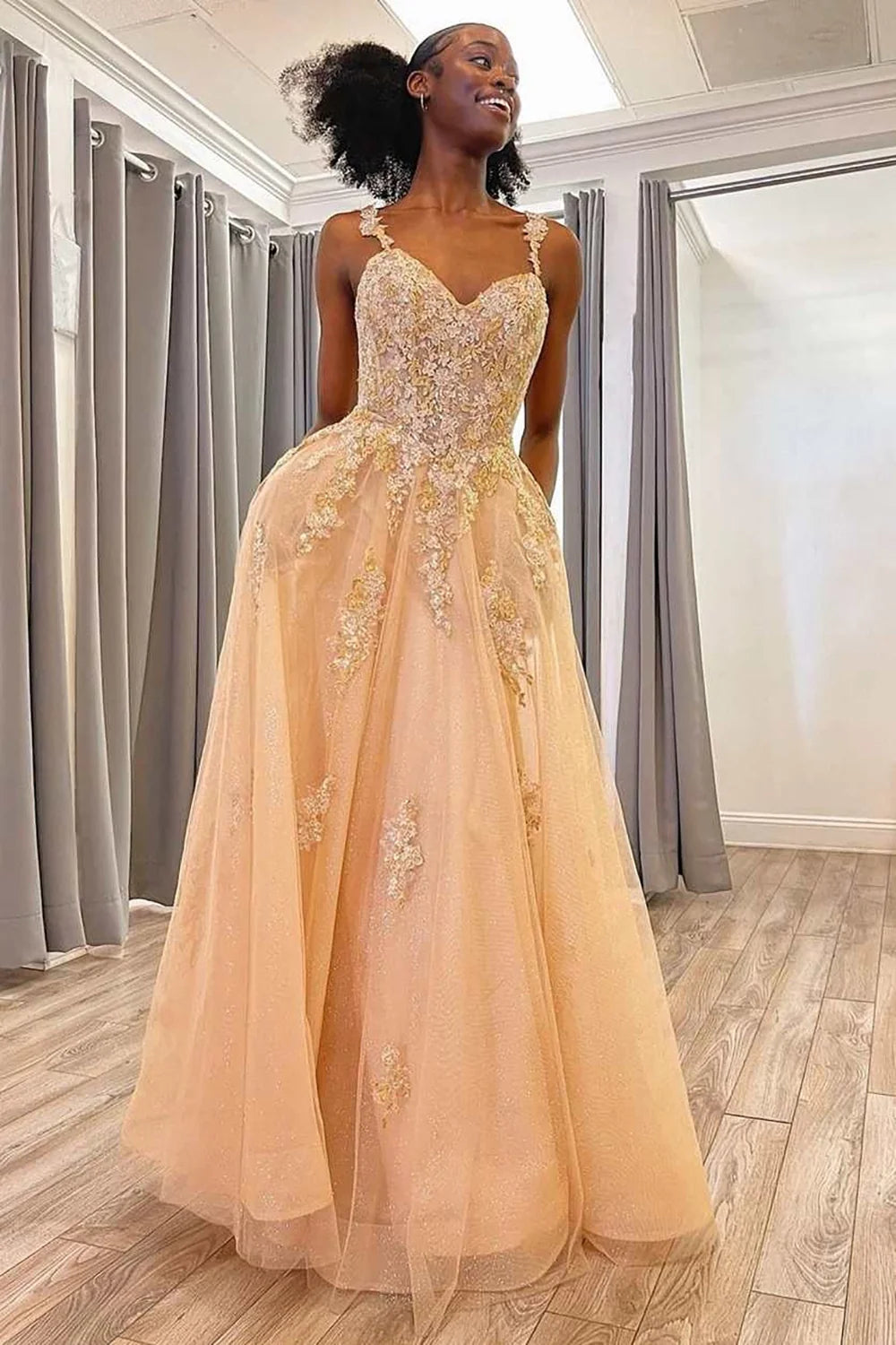 Charming A Line Spaghetti Straps Champagne Long Prom Dress with Appliques DP7765