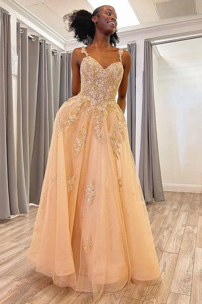 Charming A Line Spaghetti Straps Champagne Long Prom Dress with Appliques DP7765