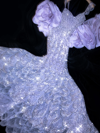 Purple Romantic Mermaid Layered Beaded Floral Tulle Prom Dress Evening Dress Party Dress DP2967