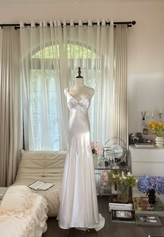 Classy Mermaid V Neck Beaded White Satin Long Open Back Party Dress Evening Dress DP2474
