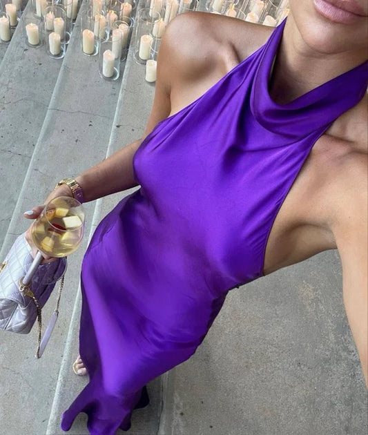 Sexy Purple Mermaid Halter Satin Open Back Prom Dress Evening Dress DP1208