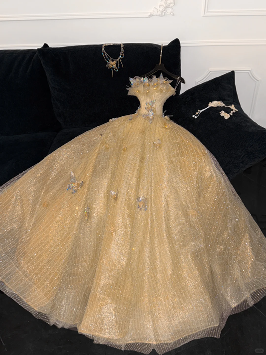 Gorgeous Ball Gown Strapless Golden Butterfly Beaded Sequin Tulle Prom Dress Party Dress DP2560