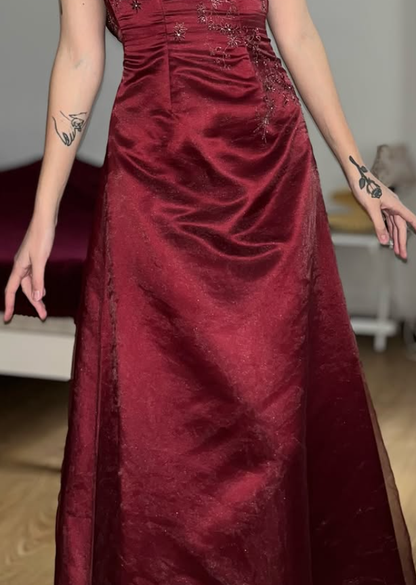 Vintage A Line Strapless Exquisite Beaded Burgundy Satin Prom Dress Evening Dress DP5723
