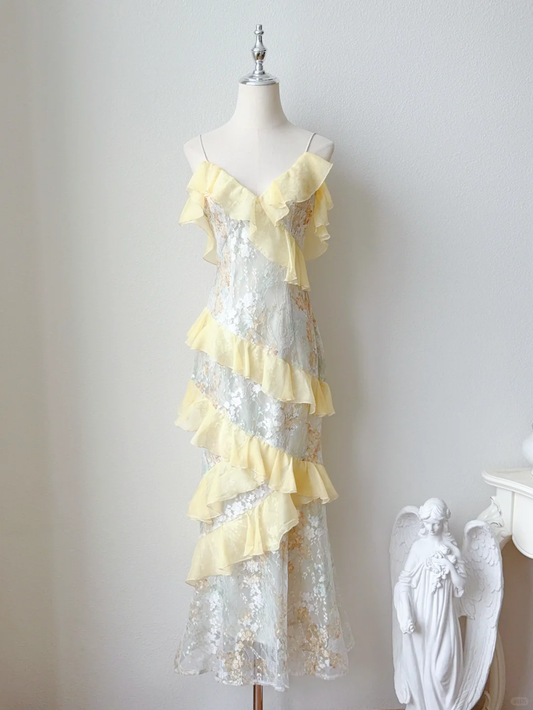Gentle Mermaid Spaghetti Strap Yellow Chiffon Print Floral Tulle Party Dress  DP2589