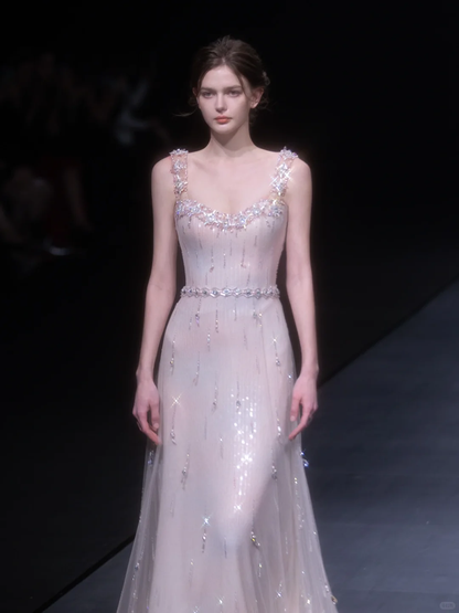 2025 Shiny A Line Straps Beaded Feather Tulle Prom Dress Evening Dress DP2798